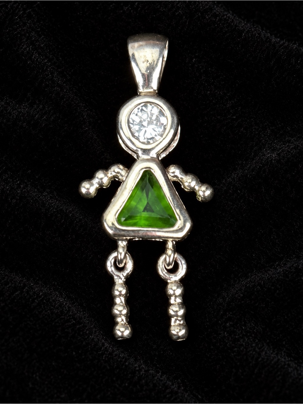Vintage Silver Tone Green Figural Girl Pendant Clear Accent